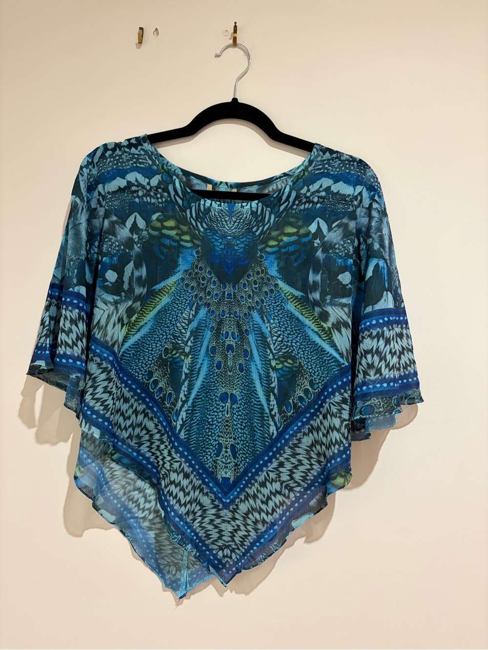 Vintage Women's Blue Patterned Peacock Sheer Poncho Top